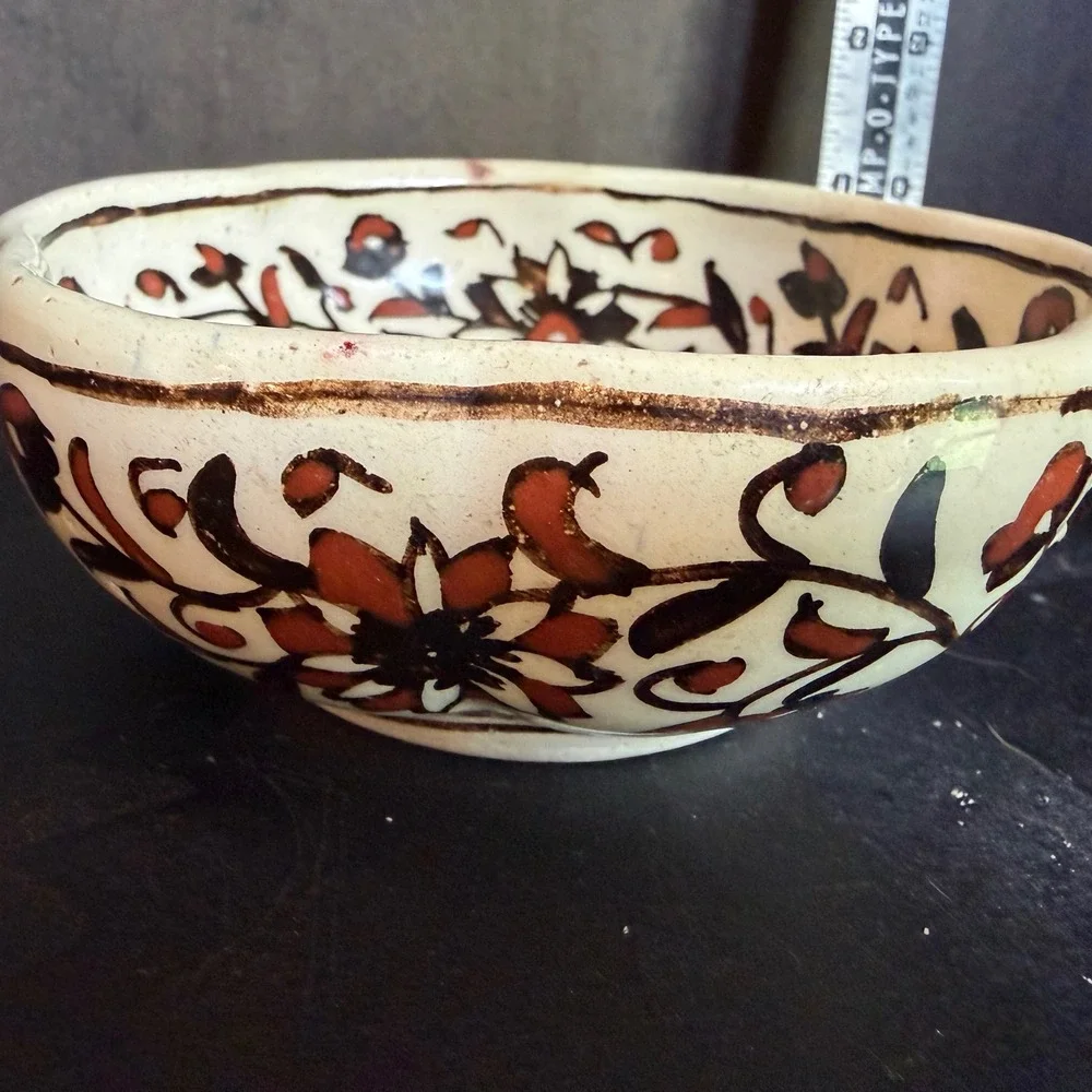 Hand Painted Floral Ceramic Bowl Scalloped Rim Rust Red Brown Artisan Pottery